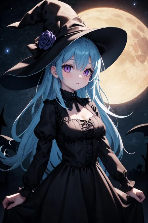 masterpiece, best quality, detailed, 1girl, night sky, stars, arms at sides, levitating, witch hat, gothic two toned dress, deta...