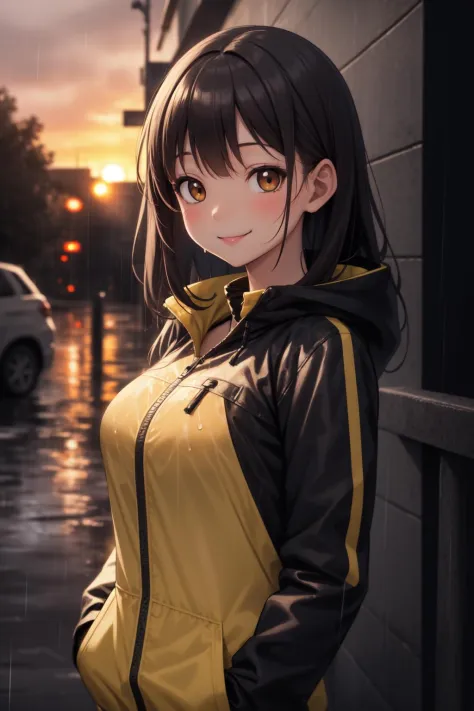 masterpiece, best quality, detailed, 1girl, rain jacket, closed jacket, sunset, rain, smile