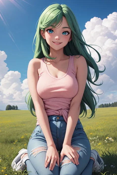 masterpiece, best quality, 1girl, long green hair, blue eyes, meadow, on knees, white tank top, jeans, pink sweater around waist...