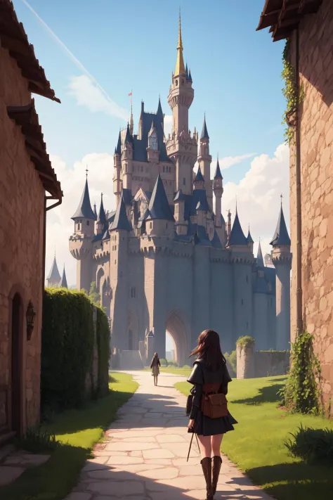 masterpiece, best quality, 1girl, fantasy, pathway, castle in backround