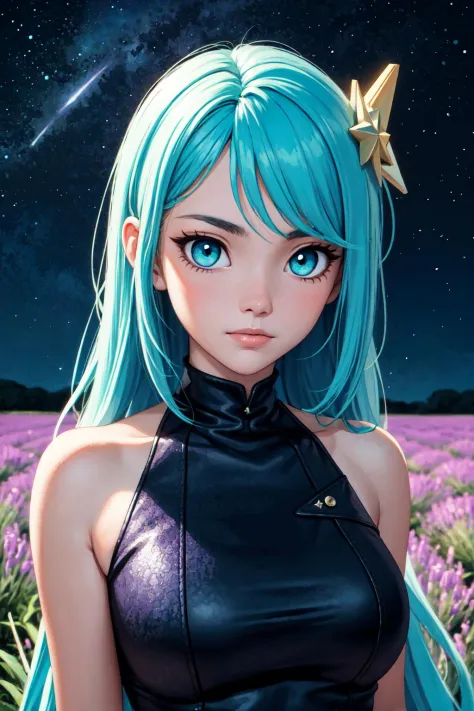 masterpiece, best quality, detailed, 1girl, face focus, long cyan hair, blue eyes, hair ornament, lavender field, stars, starry ...
