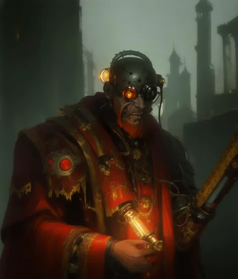 a man in a red robe holding a sword in a foggy city