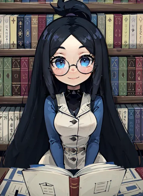 ((best quality)), ((highly detailed)), absurdres, detailed face, beautiful face, (detailed eyes, deep eyes), (1girl), (glasses), dynamic pose, full body, wide shot, nerd, <lora:LoraRoundGlassesV1:.8>, round glasses, thick rimmed glasses, smile, (inside, at a library, book shelves, books, open book), <lora:JS_Cartoon_DF_Style_V2:.75>, JS_DFStyle, cartoon style, (sharp corners, sharp body angles, pointed chin, round eyes, big head, bright colors, outline)