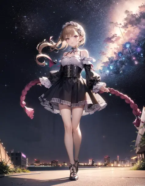 masterpiece, best quality, 1girl, full body, standing, looking afar, starry sky