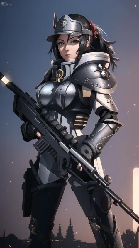 a woman in armor holding a gun and a rifle