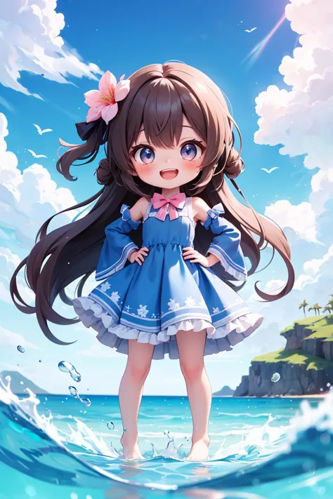 masterpiece,best quality,absurdres,(chibi),masterpiece,best quality,dramatic, 1girl, solo, long hair, brown hair, detached sleev...