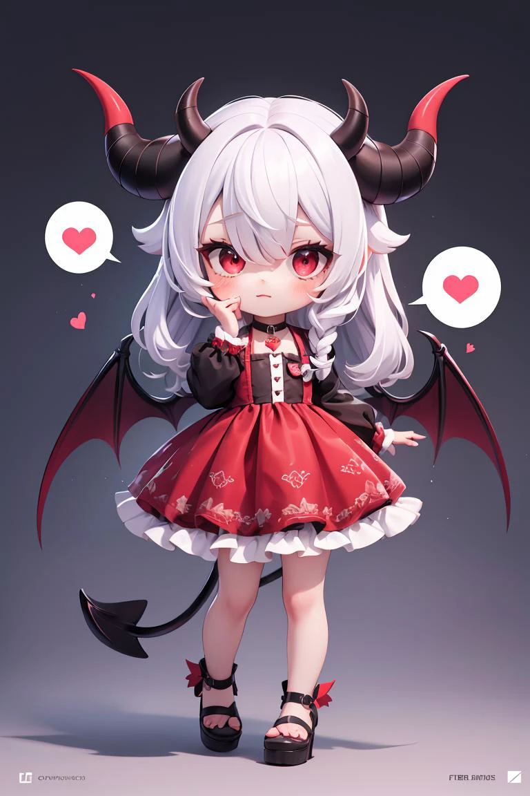 cowboy shot,masterpiece, best quality, absurdres,  (Evil Castle background:1.2), colorful, 1girl, chibi,solo, red eyes, white hair, long hair, hair over one eye, detailed eyes, wide-eyed, eyelashes, looking at viewer, full body, demon horns , bat wings, dress, hand up, demon tail, particles, cute,spoken heart, (red theme:1),