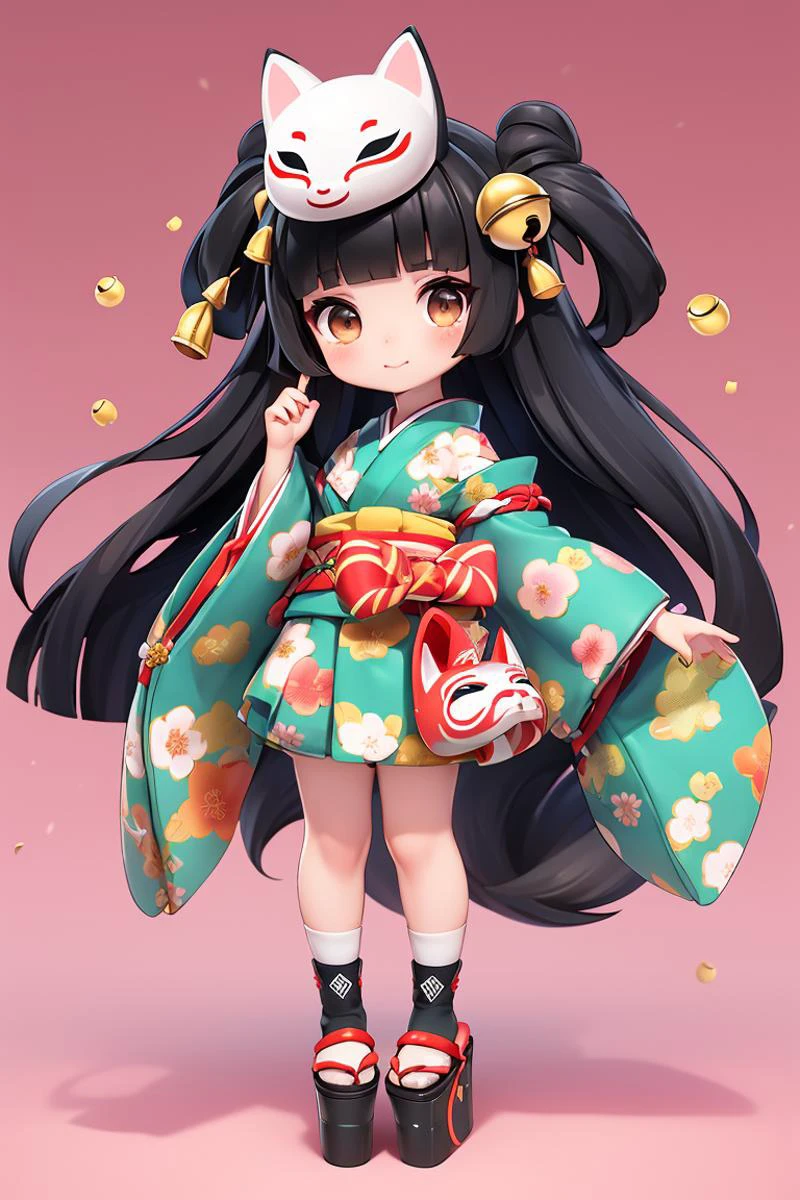 Concept art,Japanese two-dimensional style,game character design,1girl,solo,long hair,black hair,full body,japanese clothes,very long hair,tabi,mask,looking at viewer,wide sleeves,skirt,kimono,platform footwear,standing,socks,geta,bangs,floral print,sash,bell,hair ornament,detached sleeves,fox mask,mask on head,white socks,blunt bangs,obi,chibi,