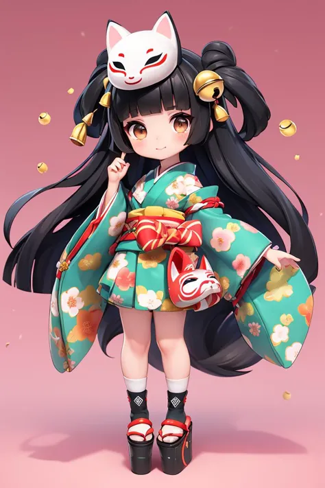 Concept art,Japanese two-dimensional style,game character design,1girl,solo,long hair,black hair,full body,japanese clothes,very...