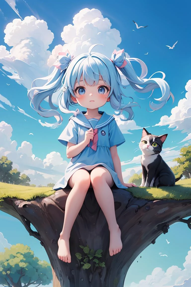 Meisterwerk,beste Qualität,absurdesten,Ein Anime, auf dem Hügel sitzen und in den Himmel schauen,chibi,mit wehendem Haar an klarem Tag,mit Katze,(blauer Himmel:1.25),Seitenblick,junges Mädchen,Wolke,endloses Meer,Mittag,summer,schwebendes Haar,cumulus Wolkes,Wald,Baum,Gesichtsfokus,Niedlich,