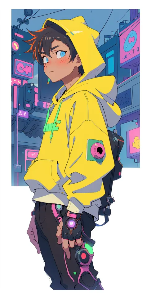 (masterpiece, best quality), 1boy, cyberpunk, hoodie, neon, cloudy sky,