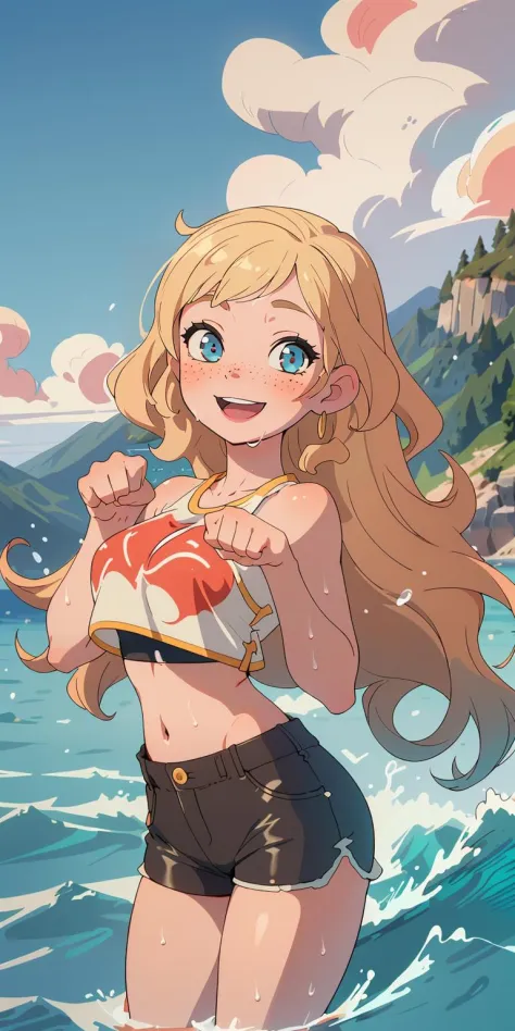 (masterpiece, best quality), 1girl, upper body, paw pose, smile, laughing, happy, ocean, crop top, shorts, blonde, freckles, blush, looking at viewer, wavy hair, long hair, cloud, splashing, waves, sun, mountain, wet