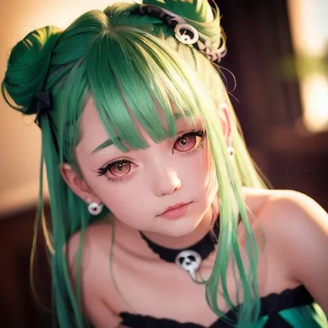 a close up of a person with green hair and a green wig