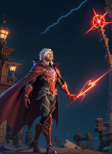 3DCG, An animated figure dressed in a Magel costume holds glowing lightning rods in both hands and wears a red cape, pure backgr...