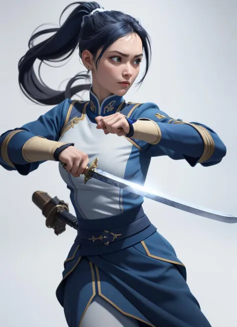 3DCG, A woman in blue and white, high ponytail, holding a sword in her hand, handsome, martial arts, 3DCG, mnp, white background...