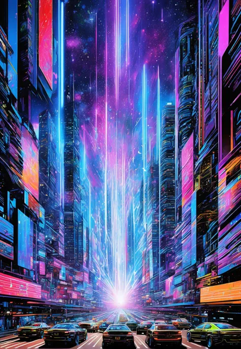 a poster of a city with neon lights and cars driving down the street