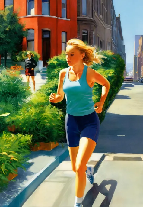 painting of a woman running down a city street in a blue tank top