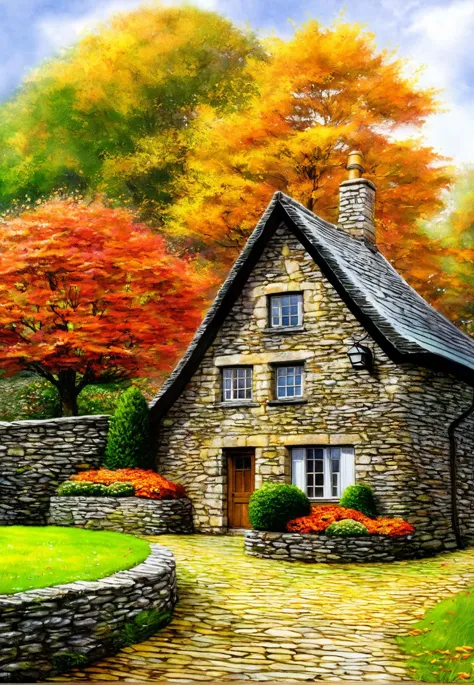 painting of a stone house with a pathway leading to it