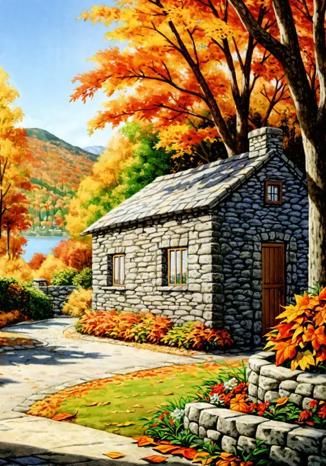 stone cottage, verdant, flowers, autumn leaves, absurd res, hdr, reflective, maximum detail, best quality, digital illustration,...