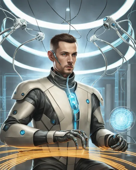 a man in a futuristic suit with a futuristic light coming out of his hands