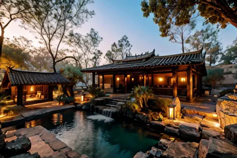 a close up of a building with a pond and a gazebo