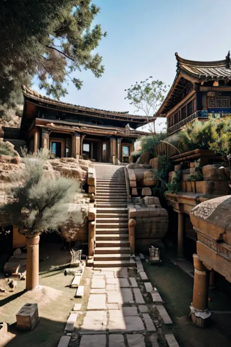 a view of a stone walkway leading to a building with a stone staircase