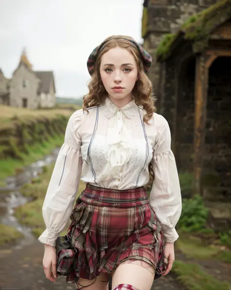 freya mavor, a beautiful scottish woman wearing traditional wears, (masterpiece), (full body), (raw photo), [freckles], detailed...