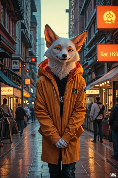 arafed dog in a yellow jacket standing on a city street