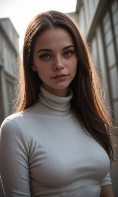 a close up of a woman in a white turtle neck top