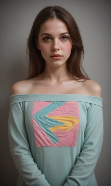 a woman with long hair wearing a blue shirt and a pink and yellow shirt