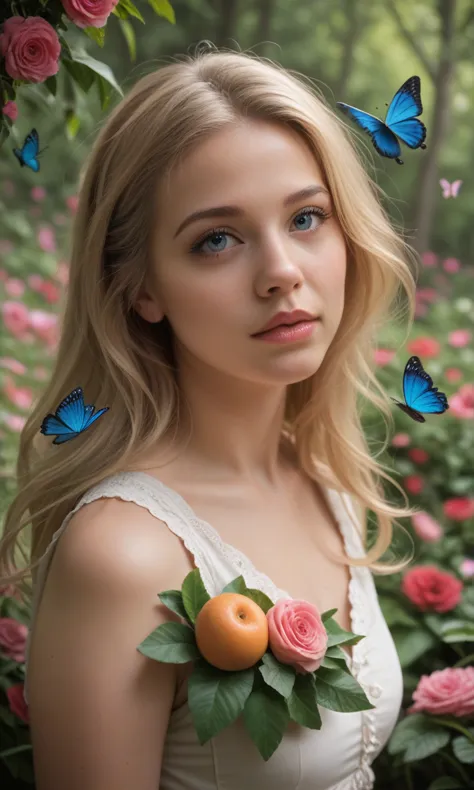 blond woman with blue eyes and a white dress holding a peach and butterflies