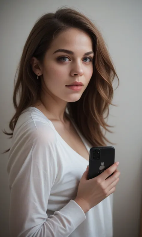 a close up of a woman holding a cell phone in her hand