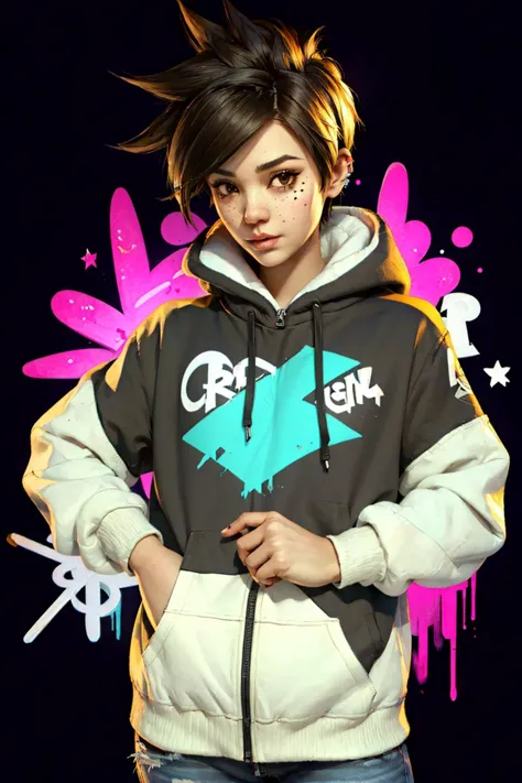 (masterpiece, best quality), ((1girl)), solo, full body, Tracer, <lora:tracerLast:0.8>, ((brown eyes)), white top, black open hoodie, little paint spots on hoodie, (((night))), blacklight, <lyco:style_arknightse2art-10:1.0>, [(black background:1.5)::5], purple graffiti stripes, pink graffiti stripes, little cyan graffiti stripes, , graffiti, <lyco:[LoCon] Graffiti è½æ¸ã Concept:0.5>,