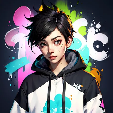 (masterpiece, best quality), ((1girl)), solo, full body, Tracer, <lora:tracerLast:0.8> white top, black open hoodie, little pain...