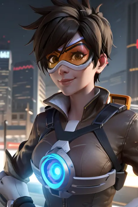 portrait, tracer, bomber jacket, chest harness, (orange goggles), futuristic city, looking at viewer, cheeky smile, sky, sunligh...
