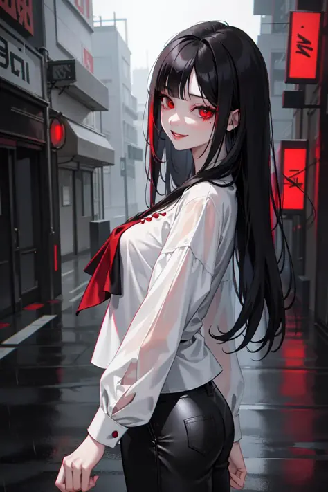 masterpiece, best quality,
(1girl), (vampire:0.7), (smile), red eyes, long silky black hair,
(white blouse:1.3), (loose trousers...