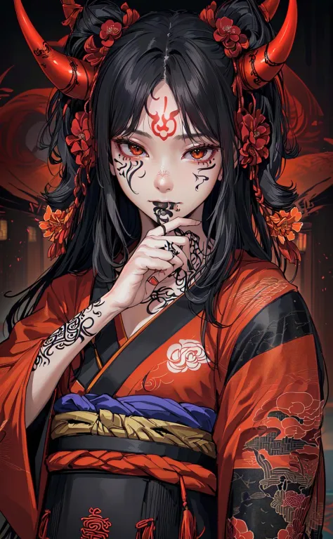 (photorealistic:1.3), masterpiece, best quality, (intricate details:1.2), (scenery:1.3), beautiful face, (black theme:1.3), 
(((1girl, a girl in patterned kimono holding a dagger in her hand, (look at veiwer:1.3), (face tattoo:1.2), small oni horn, 
))), full body, split in half