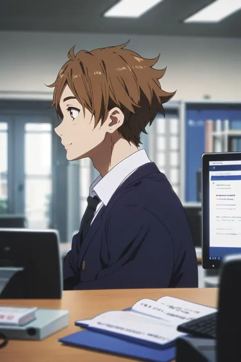 anime image of a man in a suit sitting at a desk with a laptop