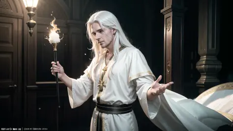 photorealistic photo of a handsome young male wizard, white wizard shirt with golden trim, white robe moving in the wind, long white hair, fully clothed, perfect face, handsome, (perfect composition:1.4), deviantart hd, artstation hd, concept art, detailed...