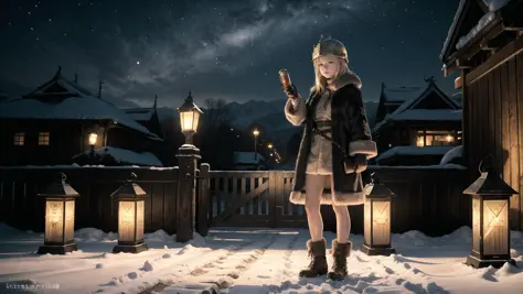 masterpiece, (wooden palisade), (((large ancient wooden city entrance gates))), ((standing at the city gates)), (guarding city gates), night, snow, ice, outdoors, detailed face, simple iron helmet, (full_body), night sky with stars, ((child girl)), fur mit...