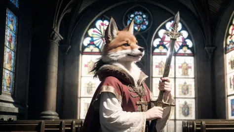 medieval scripture, fox wielding sword, looking up, blessed by the gods, medieval drawing, robin hood, e621, furry, anthro, soft ligthing, sharp shadows, solo, detailed background, high quality, holy grail, church, pope, intricate details, cinematic lighti...