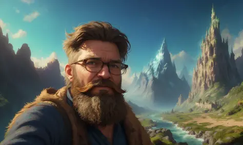 a scruffy bearded man wearing glasses taking a selfie in a fantasy scene. create a vibrant concept art prompt inspired by the st...