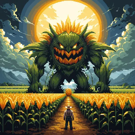 a man standing in a field with a giant monster in the background