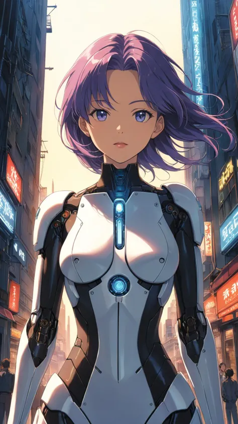 a woman in a futuristic suit stands in a city street