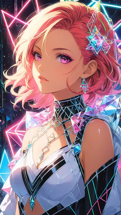 anime artwork masterpiece, best quality, close up portrait of 1girl, solo, supermodel wearing crystal geometric clothing at a photoshoot, neon lines paint her structure, <lora:Lines_Clothes_XL:1.2>, in the style of artgerm . anime style, key visual, vibrant, studio anime,  highly detailed