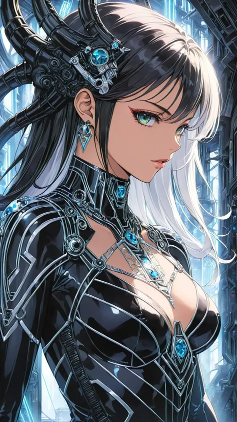 anime artwork masterpiece, best quality, close up portrait of 1girl, solo, supermodel wearing crystal geometric clothing at a photoshoot, neon lines paint her structure, <lora:Lines_Clothes_XL:1.2>, in the style of h.r giger and artgerm . anime style, key visual, vibrant, studio anime,  highly detailed