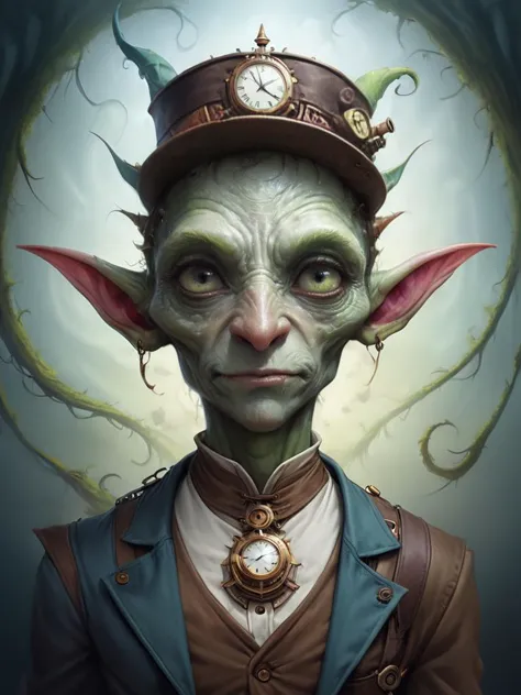 award winning photograph of a Vnnpr goblin with cunning eyes in wonderland, magical, whimsical, fantasy art concept, steampunk, intricate details, best quality, masterpiece, ultra sharp, hyper realistic, realism <lora:ArtfullyVINNIPIER_SDXL_V1:0.8>