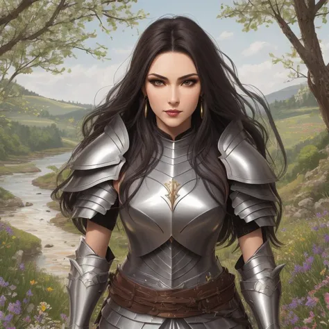 crusader armor, female warrior, tall, thin, square face, fair skin, brunette hair, amethyst eyes, short nose, thin lips, promine...