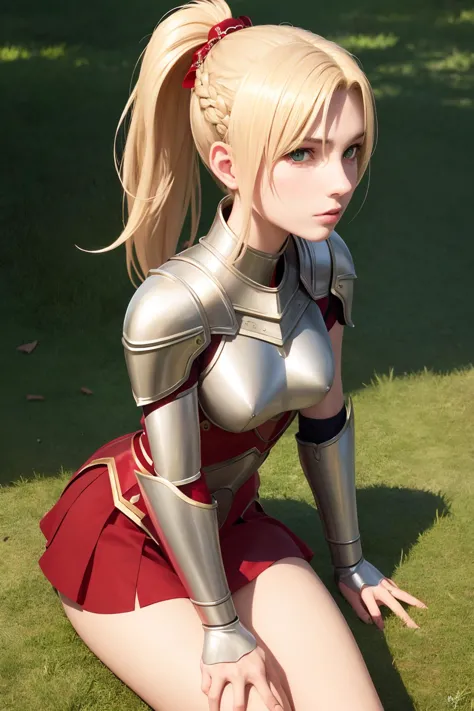 beautiful, masterpiece, best quality, extremely detailed face, perfect lighting, mordred \(fate\), 1girl, solo, ponytail, green ...