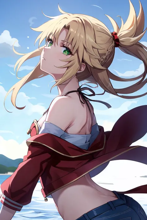 Highly detailed, High Quality, masterpiece,  blonde hair, green eyes, ponytail, mordred \(fate\), small breasts, denim shorts, w...